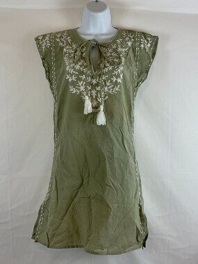 Debbie Katz South Beach Embroidered Dress S Drab Green White Tie Detail Drop